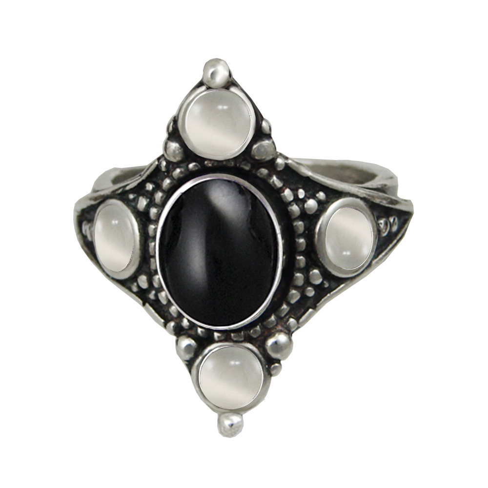 Sterling Silver Renaissance Queen's Ring With Black Onyx And White Moonstone Size 10